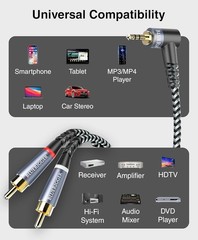 Angled 3.5mm to 2RCA Audio Cable, 15FT for Easy Connectivity and Sound Quality