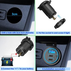 12V-24V QC3.0 + PD USB C Car Fast Charger Power Socket Outlet for Boat RV Lot