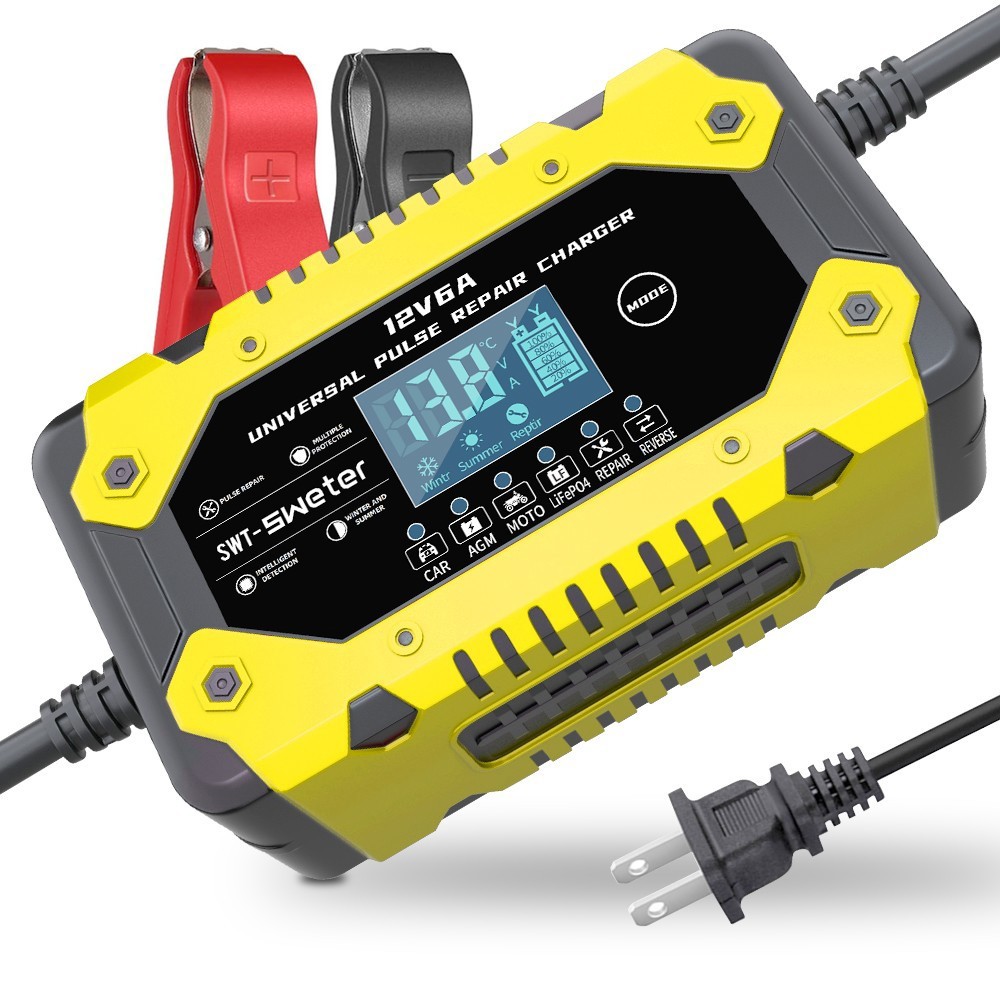 12V 6A Smart Car Battery Charger Pulse Repair for AGM LiFePO4 Motorcycle SUV