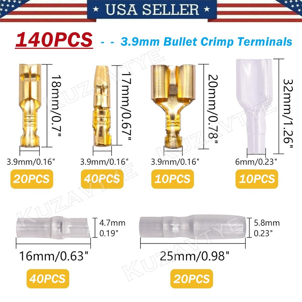 140/700PCS Double Bullet Wire Connectors 3.9mm Male Female Brass Crimp Terminals