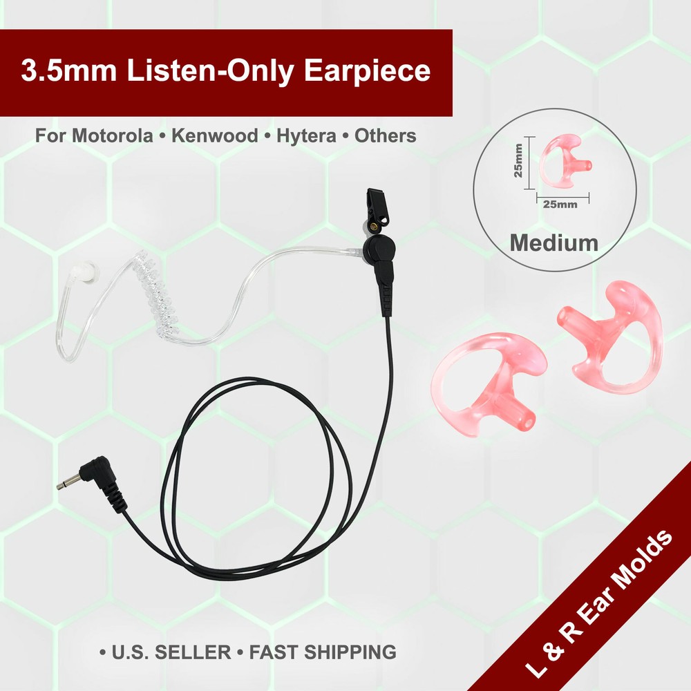 3.5mm Acoustic Tube Listen-Only Earpiece W/ Ear molds for Speaker Microphones