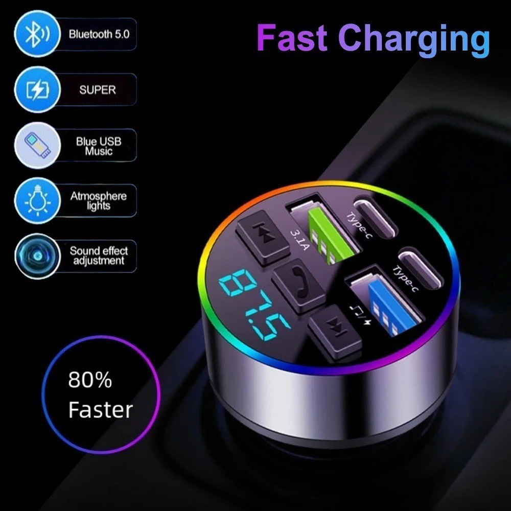 66W Bluetooth 5.0 FM Transmitter Car Phone Charger USB Cigarette Lighter Car