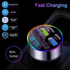 66W Bluetooth 5.0 FM Transmitter Car Phone Charger USB Cigarette Lighter Car