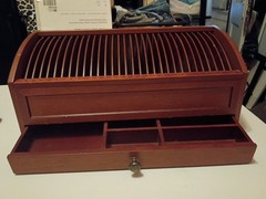 Brown Wood Media Storage Box with Slotted Organizer and Pull-Out Drawer