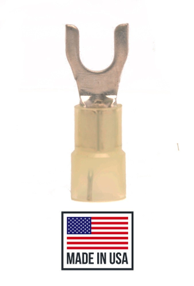 (100) 12-10 #8 YELLOW NYLON FORK SPADE ELECTRICAL CONNECTOR MADE IN USA