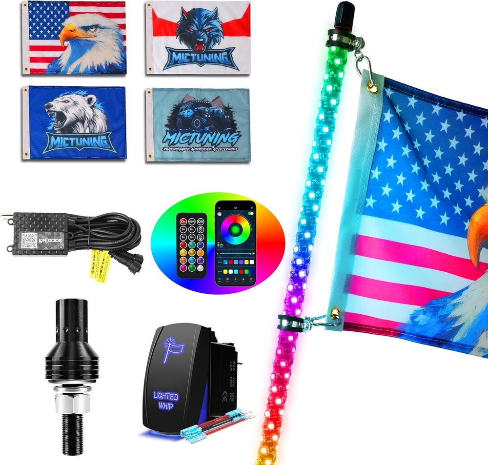 3FT RGB Spiral LED Whip Light w/ APP Control For Polaris RZR/ Can-Am/ Honda UTV