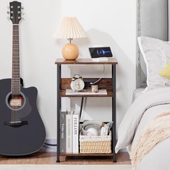 Rustic Brown Turntable Stand with Storage for Over 100 Records & USB Charging