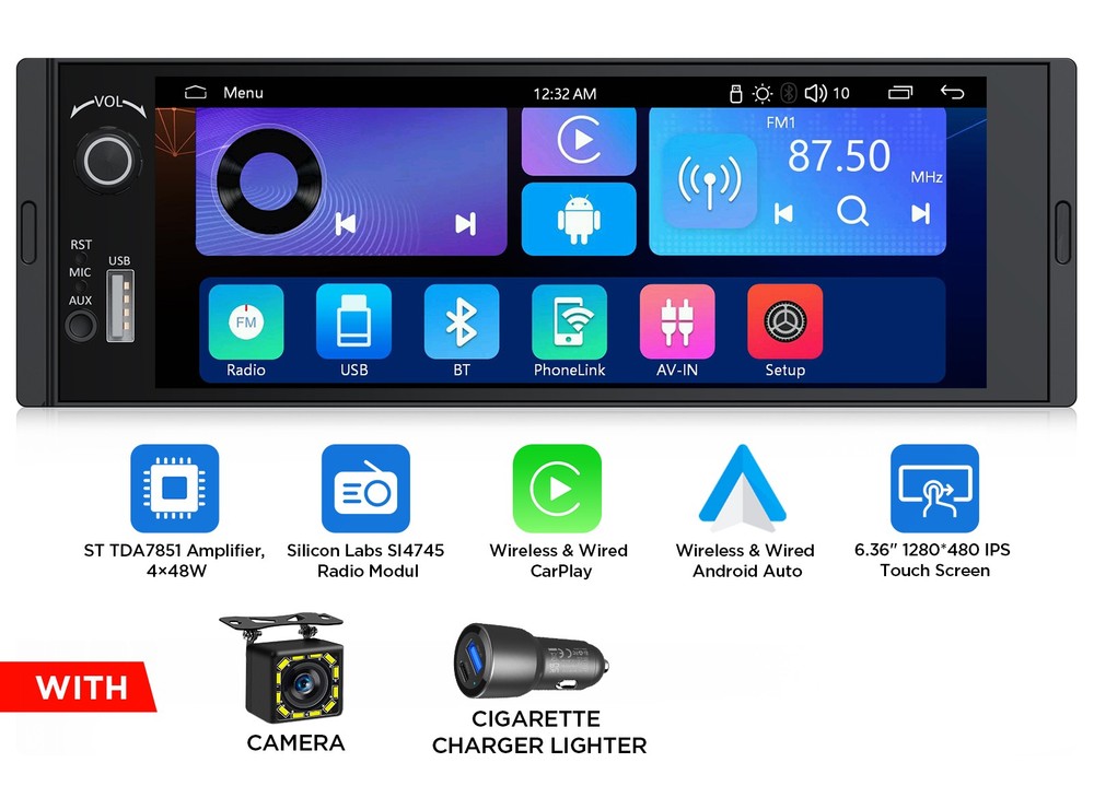 Single DIN Apple Car Play Android Auto 6.36″IPS Stereo Radio HeadUnit Navigation