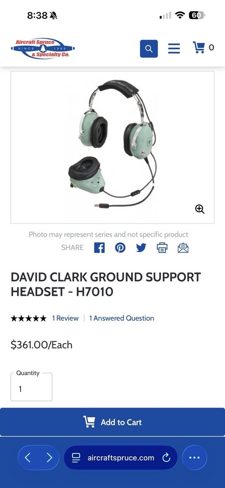 David Clark H7010 Ground Support Over-Ear Headset Mic Volume Control U174 Green