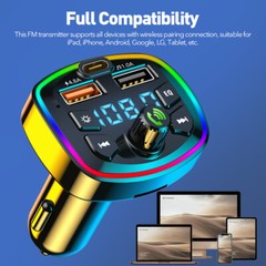 Wireless Bluetooth 5.0 Car Hands-Free FM Transmitter Adapter 2USB PD Charger AUX