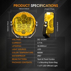 X2 5″ LED Work Light Bar Yellow Pod DRL Round Offroad Driving Truck ATV Fog Lamp