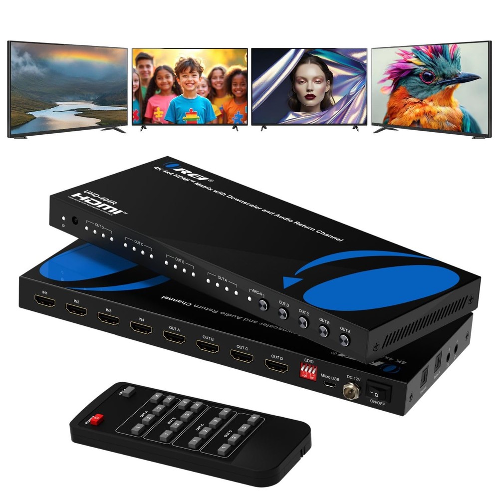 OREI 4K@60Hz 4×4 HDMI Matrix Switch with Downscaler & ARC, 18Gbps, HDCP 2.2, HDR