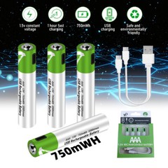 4Pack 1.5V 2600mWh AA/AAA Lithium ion Battery Type-C USB Rechargeable Batteries