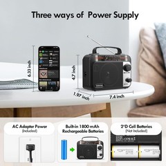 Black Multi-Band AM/FM/SW1-2 Radio Transistor AC or Battery Operated Portable