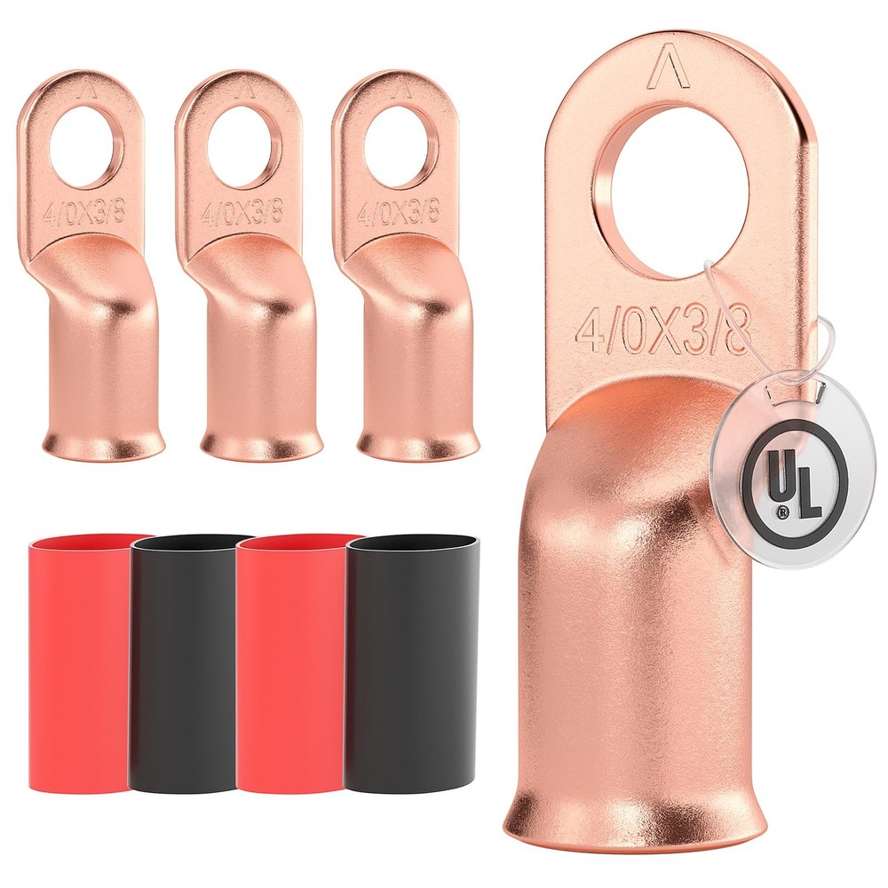UL Listed 4/0 AWG – 3/8″ Battery Cable Lugs, Heat Shrink Ring Terminals End, Cop