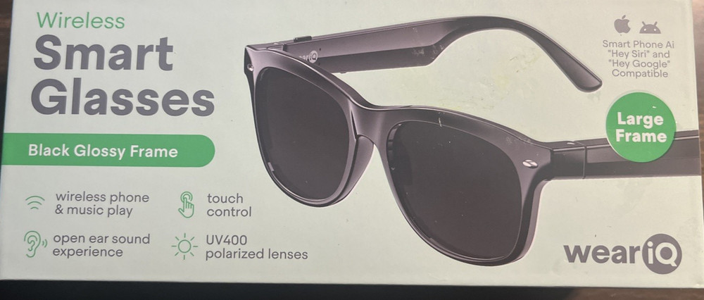 NIB WeariQ Smart Glasses Bluetooth Black UV400 Polarized Large Frame Ios Android