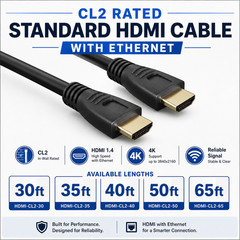 CL2 Rated Standard HDMI Cable with Ethernet – 30ft / 35ft / 40ft / 50ft / 65ft