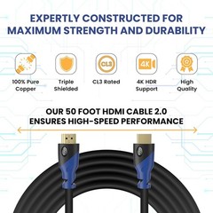 4K HDMI Cable 50ft Long 4K@60Hz High Speed HDMI Cord with Ethernet Supports UHD