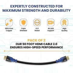 HDMI Cable 50ft 2Pack 4K@60Hz High Speed HDMI Cord with Ethernet Supports UHD