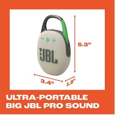 JBL Clip 5 – Ultra-Portable, Waterproof & Dustproof Bluetooth Speaker Sand NEW