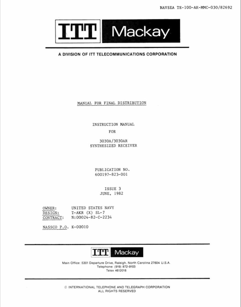 ITT MCKAY 3030A COMMUNICATIONS RECEIVER INSTRUCTION MANUAL – 32LB PAPER