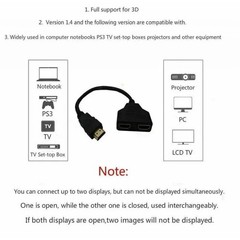 HDMI Splitter 1 In 2 Out Cable 1080P Male to Female Dual Port Adapter For TV PC