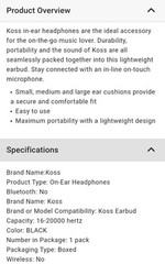 Koss Black Stereo In-Ear buds In-line Mic, 16-20kHz, 3.5mm Jack, Ships From USA