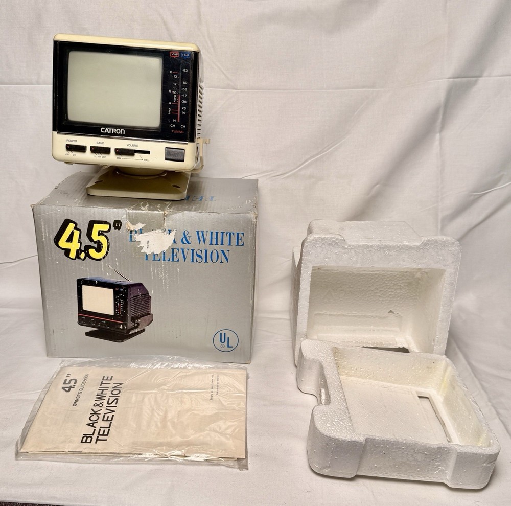 Vintage Rare Retro CATRON 4.5” Portable Black & White Mini TV Travel NO PLUG