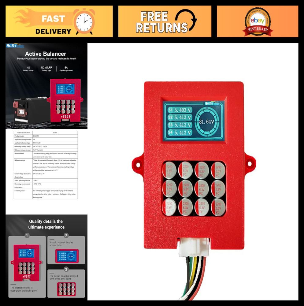 12V Lithium Battery Balancer 5A 4S LiFePo4 & NCM, Active Equalizer with Voltage