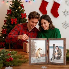 FOREV 5×7 Double Picture Frame Wooden Hinged Photo 5×7, Rustic Wood