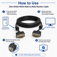 Slim SVGA HD15 Male to Male Monitor Cable -3ft / 6ft / 10ft / 15ft / 25ft / 50ft