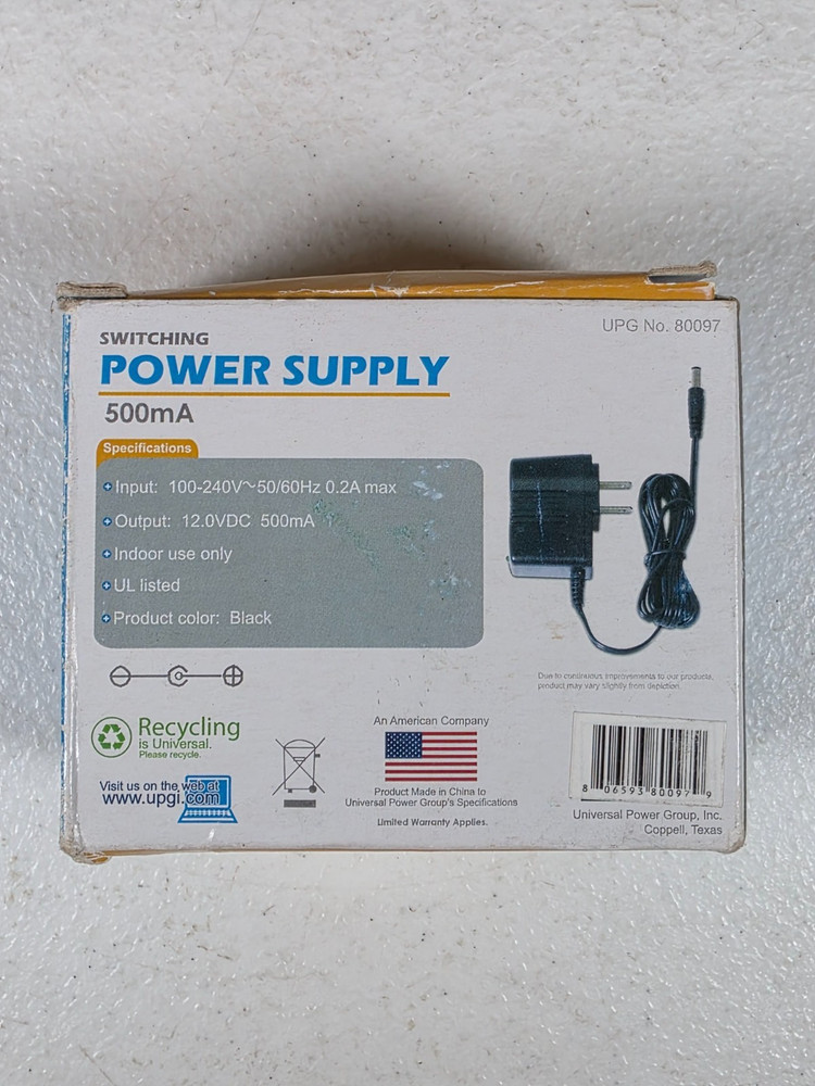 UPG Security Solutions 12V 500mA Switching Power Supply AC Adapter UPG 80097