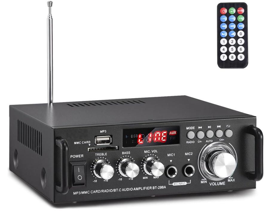 Amplificador Bluetooth 5.0 de 2 canales con USB, FM, RCA y mando a distancia.