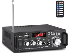 Amplificador Bluetooth 5.0 de 2 canales con USB, FM, RCA y mando a distancia.