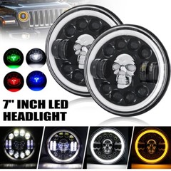 2PCS 7” Round RGB Skull LED Headlights Halo DRL For Jeep Wrangler JK LJ TJ CJ