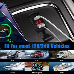 Dual USB QC3.0+PD Car Fast Charger Adapter Switch Socket Power Outlet Waterproof