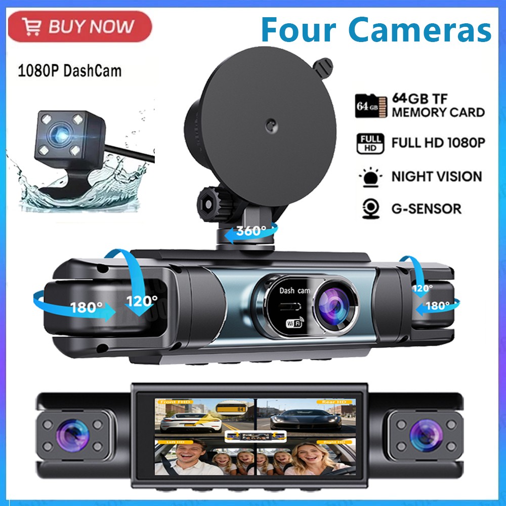 4Lens Car Dash Cam Front Rear Inside Left Right 360° Camera Wifi HD 1080P +64GB