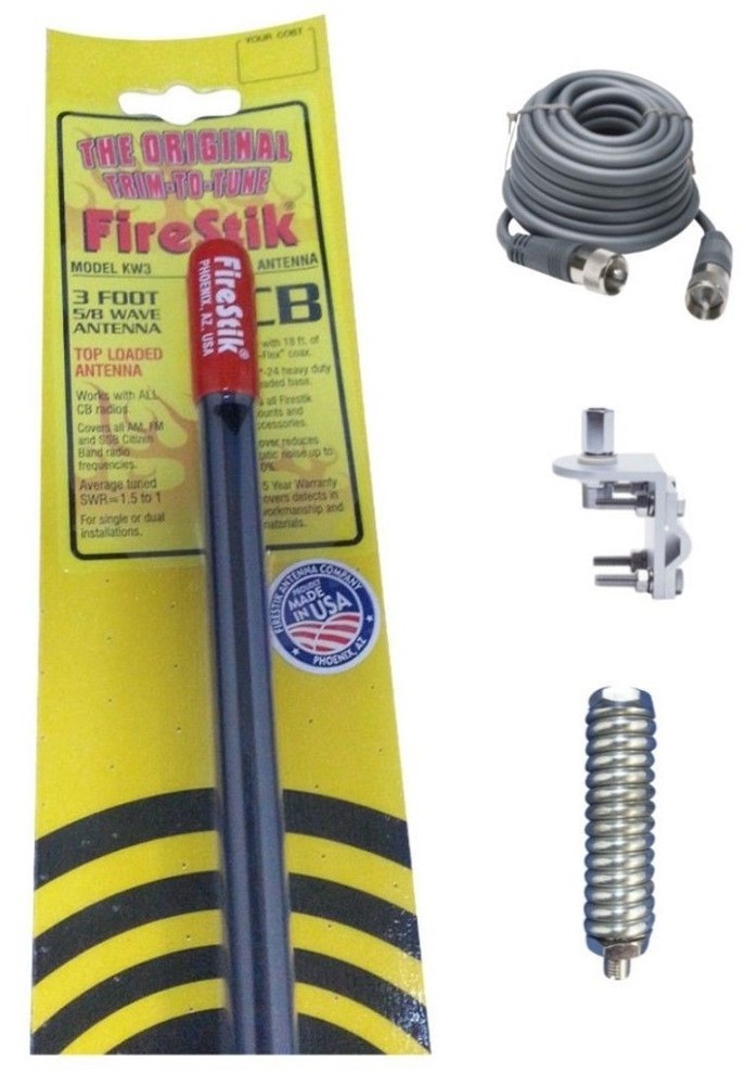 NEW FIRESTIK KW3 B 3FT BLACK CB ANTENNA, 18FT RG8X COAX, MOUNT & SPRING