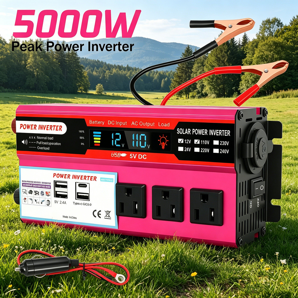 Pure Sine Wave Solar Converter Car Power Inverter DC 12V To AC 110V Type-C 5000W