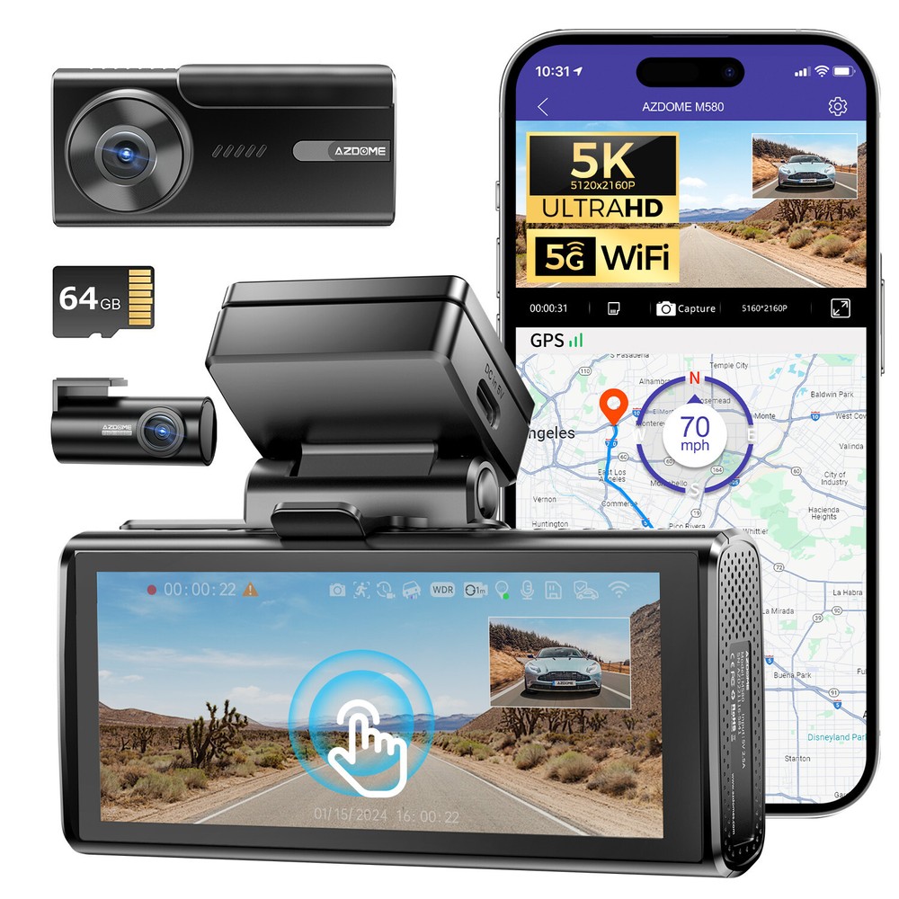AZDOME 5K Car Dash Cam 4K+1080P 64GB Card 5GHz WiFi GPS Parking Mode Dual Camera