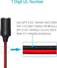 12V / 24V Power Supply Car Plug Outlet – 6FT/3FT UL 16AWG Cable with 15A Fuse –
