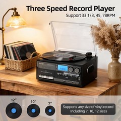 Vinyl Record Player 10 in 1 Turntable CD Cassette Radio Wood Black Built-in Tape
