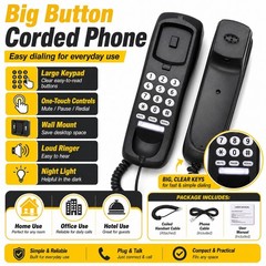 Black Wired Corded Landline Telephone Desk Wall Mount Phone for Home Office