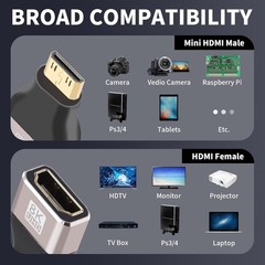 Mini HDMI to HDMI Adapter 2-Pack 8K@60Hz 4K@144Hz for Raspberry Pi Camera