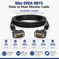 Slim SVGA HD15 Male to Male Monitor Cable -3ft / 6ft / 10ft / 15ft / 25ft / 50ft