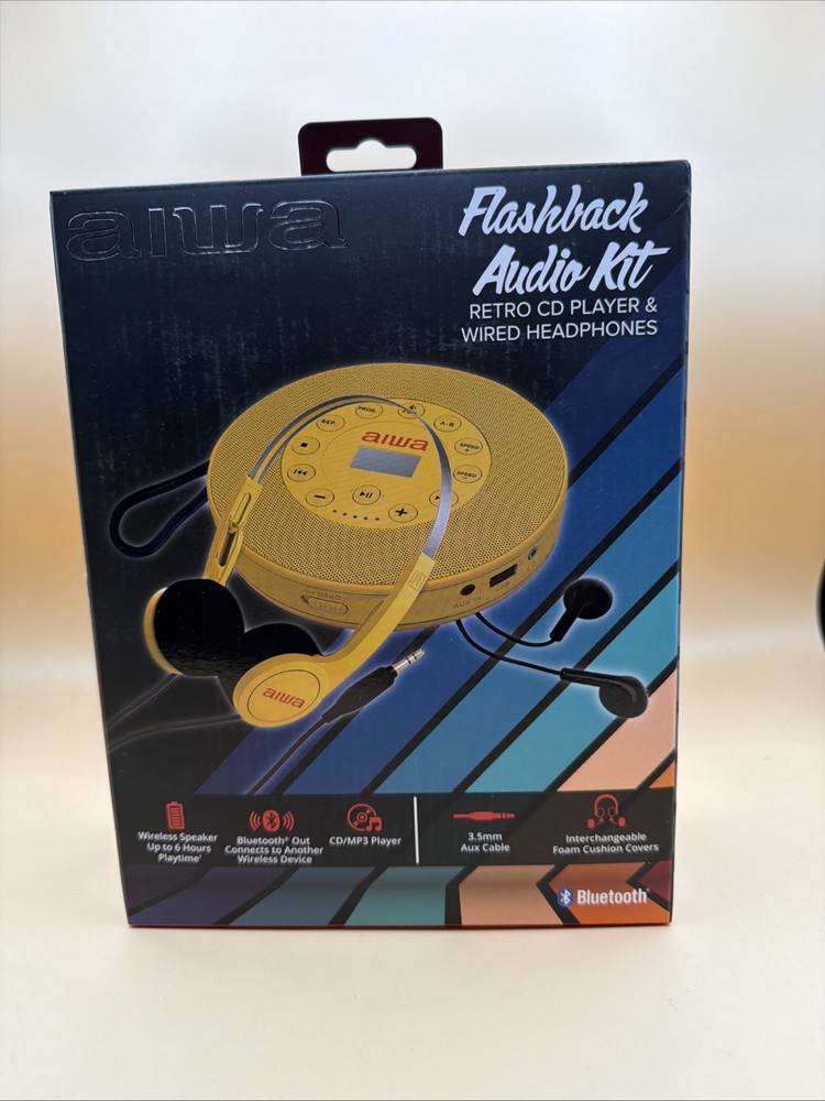 Aiwa Flashback Audio Kit Retro CD Player Wired Headphones NEW IN BOX Yellow