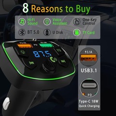 Wireless Bluetooth 5.0 Car Hands-Free FM Transmitter Adapter Dual USB PD Charger