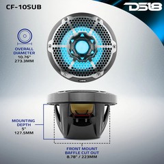 DS18 10″ Marine Subwoofer with LEDs – 300w Rms 4-ohm SVC CF-10SUB Carbon Fiber