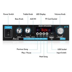 AK35 Bluetooth5.0 Power Amplifier Home/Car/Marine Stereo Audio Amp For Speaker