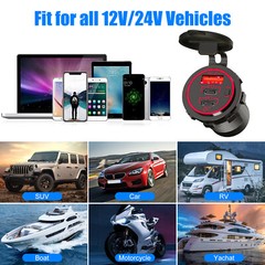 12-24V USB C 3 Port Fast Car Charger PD & QC3.0 Outlet Socket for Boat RV Marine